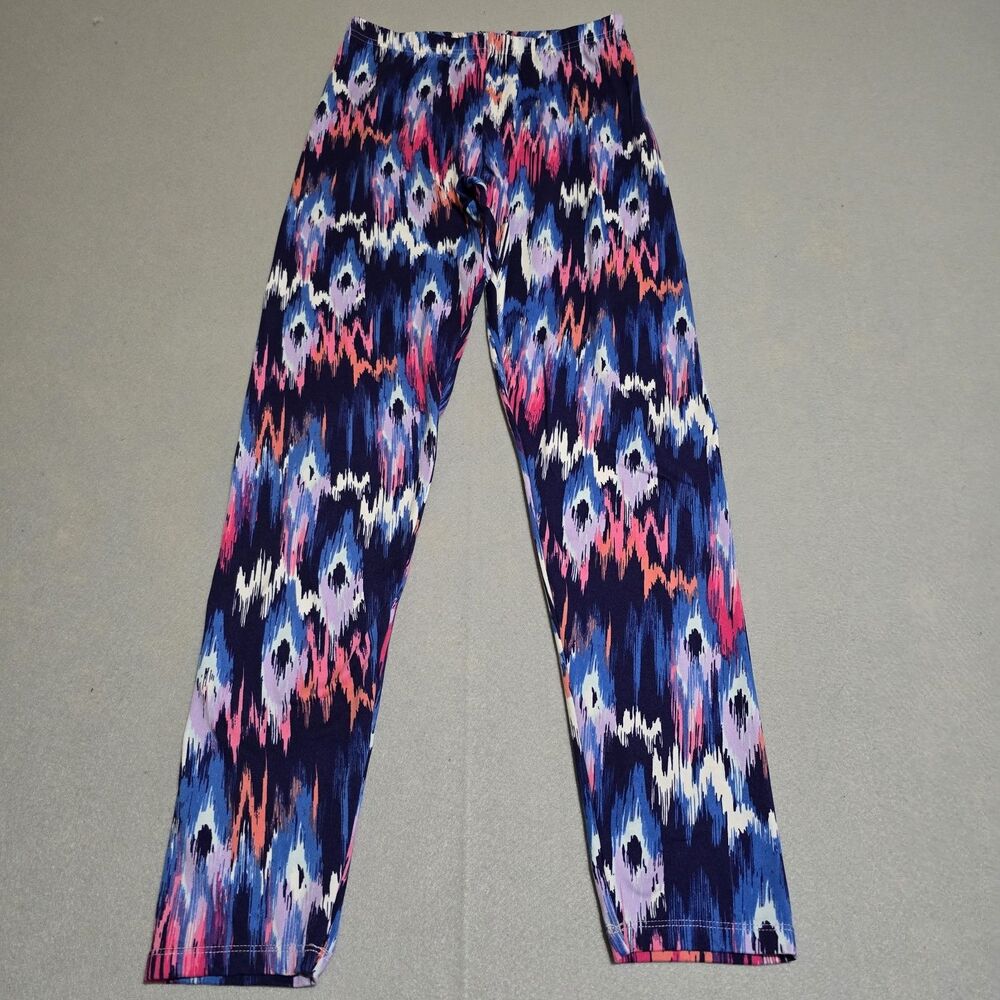 Just Be Leggings Womens Medium Blue Pink Ikat Abstract Print High Rise Stretch
